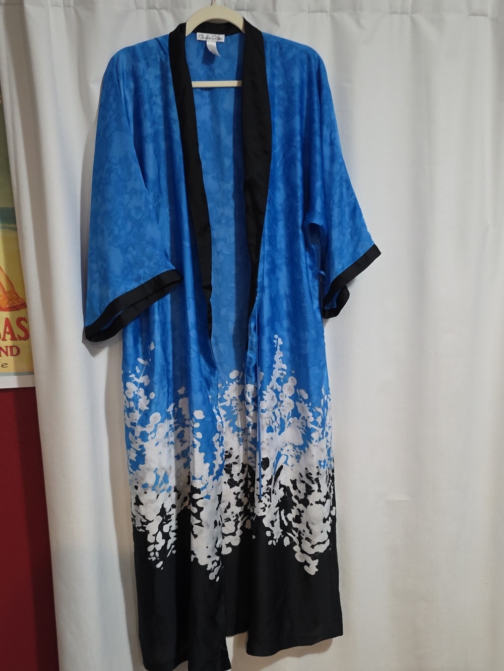 Oscar de la Renta Blue and White Floral Ombre Maxi Dress with Black Trim
